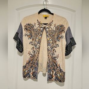St. John Beige Paisley Short Sleeve Cardigan with Embellished Sleeves #811
